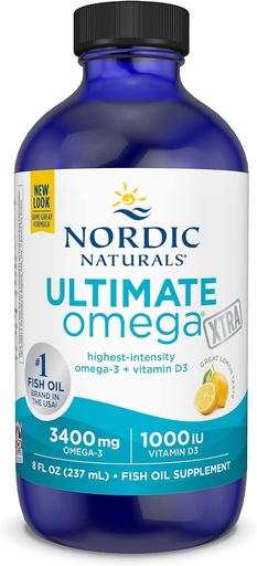 [BRSWIHDRBUDBSADK] Nordic Naturals Ultimate Omega Xtra Liquid, Lemon Flavor - 8 oz - 3400 mg Omega-3 + 1000 UI Vitamina D3 - EPA & DHA - Brain, Heart, Joint, & Immune Health - Non-GMO - 48 Servings