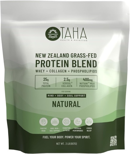 [BRSROBDQOR7AI3LZ] Taha Health & Nutrition Mind + Body Protein Blend – Natural, Unflavored | 25g Protein from Whey & Collagen + 400mg Milk Phospholipids | Grass-Fed, Free-Range New Zealand Dairy | 2LB