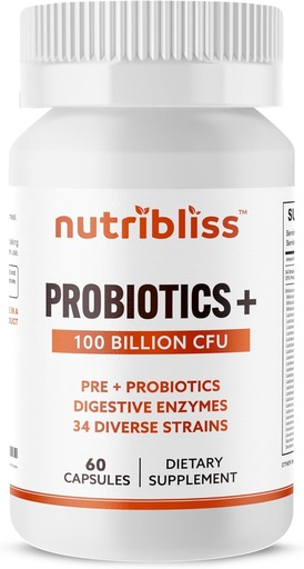 [BRSRAYYHBUFBUFYV] Probiotics for Women & Men Digestive Enzymes with Prebiotics 100 Billion CFU 34 Strains Supports Constipation, Diarrhea, Gas & Bloating (60 Capsules)