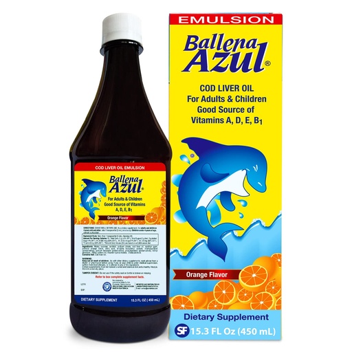 [BRSRMEIYCQJQYDLZ] Ballena Azul Aceite de Hígado de Bacalao para Adultos y Niños, COD Liver Oil for Adults and Children, Good Source of Vitamins A,D,E, B1, Dietary Supplement, Omega 3, Inmune System Boost (ORANGE 15 OZ)