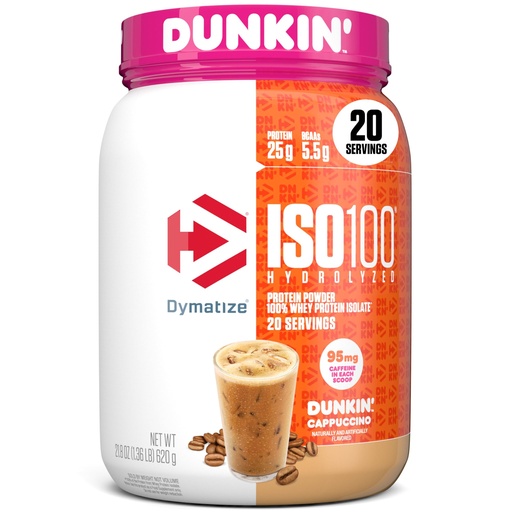 [BRSW22YKBEIWOYLB] Dymatize x Dunkin' Cappuccino ISO100 Whey Protein Powder, 95mg Caffeine, 25g of Protein5.5g BCAAs, 120 Cal., Gluten Free, 1g Fat, 1g Sugar, 2g Carb (20 Servings)