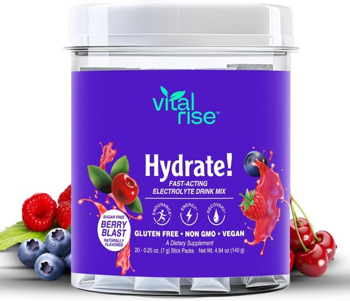 [BRSRAEIZCUHW22TH] Vital Rise® Hydrate! - Berry Blast - Hydration Powder Packets | Low Sodium Electrolyte Drink Mix | Easy Open Single-Serving Stick | Non-GMO | 20 Servings (Pack of 1)