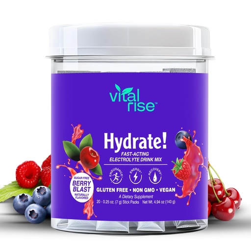 [BRSRAEIZCUHW22TH] Vital Rise® Hydrate! - Berry Blast - Hydration Powder Packets | Low Sodium Electrolyte Drink Mix | Easy Open Single-Serving Stick | Non-GMO | 20 Servings (Pack of 1)