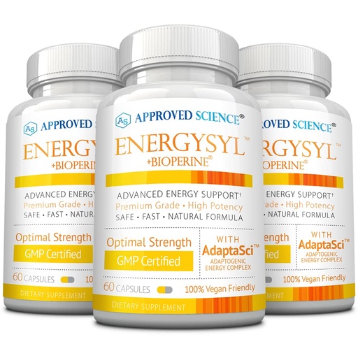 [BRSW22QPAR6REYL2] Approved Science Energysyl - Caffeine Free - with Adaptogens, B Vitamins, and Bioperine - 3 Month Supply - 180 Capsules