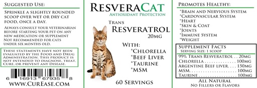 [BRSWIEIKOQHA4CD2] ResveraCat Anti Aging Cat Formula 99% Trans Resveratrol Powder, MSM, Taurine, Chlorella, Beef Liver