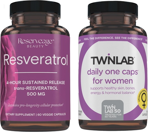 [BRSRAYIEPINRAAL4] Reserveage Beauty Resveratrol 500 mg - Sustained-Release Trans-Resveratrol - Vegan Antioxidant Supplement for Brain & Heart Health 60 Capsules & Twinlab TWL Women's Daily One 60 ct