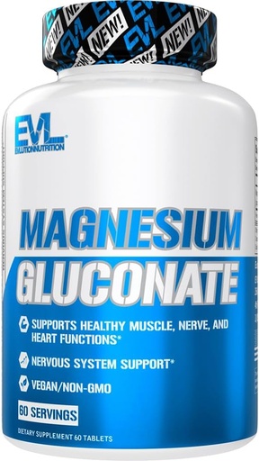 [BRSROGA3DFYQG3TV] Evlution Nutrition Magnesio Gluconato - Muscle + Nerve + Suplemento de saúde cardíaca - soporte do sistema nervioso - Vegan & Non-GMO - 60 servizos
