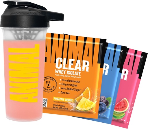 [BRSROCAEAV5RG3AU] Animal Clear Whey Protein Isolate Sampler Pack & Shaker Bottle - Deliciously Juicy 20g Protein, Watermelon Limeade, Blueberry Acai, Pineapple Orange, 3 Single-Serving Packets