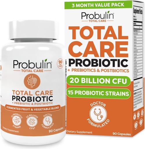 [BRSRAEA3B5YWOET3] Probulin Total Care Probiotic Supplement, Daily Gut, Digestive, and Immune Health Probiotics Capsules for Men and Women, 20 Billion CFU, Vegan, 90 Count Bottle
