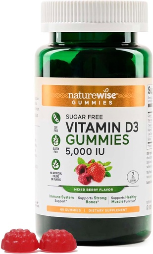 [BRSRA2YECQDQADLA] NatureWise Vitamine D3 5000 IE Gummies - Suikervrije gemengde Bessensmaak - Vitamine D Gummies voor volwassenen, Ondersteunt Immuniteit, Spier & Bone Strength - Gelatine-Free, Non-GMO- 60 Gummies[1-Maande Levering]