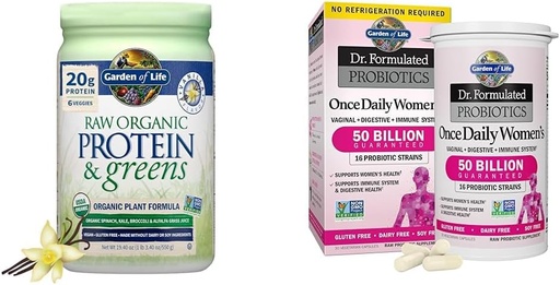 [BRSROBL3DEAROD3V] Garden of Life Raw Organic Protein & Greens Vanilla - Vegan Protein Powder for Women & Dr. Formulated Women's Probiotics Once Daily, 16 Strains, 50 Billion, 30 Count