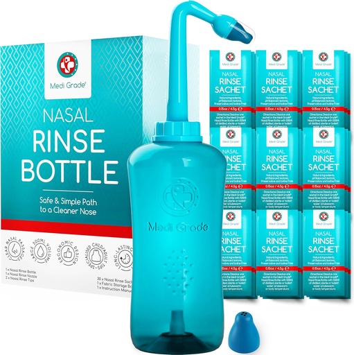 [BRSW2BQ7BYCGYC35] Medi Grade Sinus Rinse Bottle, 500ml with 30 Sinus Rinse Packets - Complete Nasal Irrigation System - Neti Pot Nose Cleaner - Nasal Wash Kit for Home or Travel - 2 Nasal Rinse Tips and Storage Bag