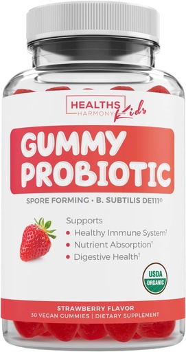 [BRSWYZQEAFYW2CY2] USDA Organic Probiotics for Kids (Non-GMO) Strawberry Flavor Kids Probiotic Gummies for Digestion & Immune Support - 2.5 Billion CFU of DE111 Spore Forming Strain for Maximum Survivability - 30 Gummys