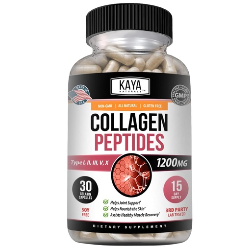 [BRSRMZAOBYIAYFLD] Kaya Naturals Multi Collagen Peptides Complex Powder for Women and Man, Vital for Hair, Skin, Nails, and Anti-Aging, Types I, II, III, V & X Collagen Protein Blend | Capsules - 30 Count Supplement
