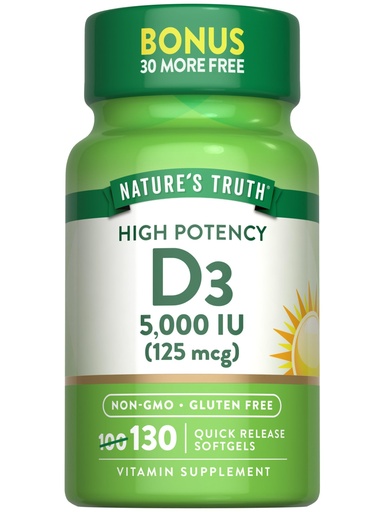 [BRSWGCT7AB5R43DX] Nature's Truth Vitamin D3 5000 IU Softgels | 130 Count | High Potency | Non-GMO & Gluten Free Supplement