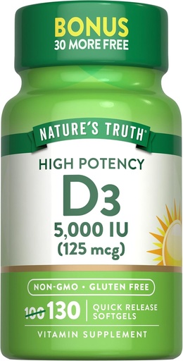 [BRSWGCT7AB5R43DX] Naturens sannings vitamin D3 5000 IE Softgels | 130 greve | Hög styrka | Non-GMO & Gluten fri tillägg