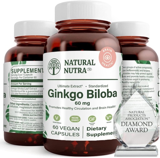 [BRSWIBQADJ7QICA7] Natural Nutra Ginkgo Boloba, Подобрява циркулацията на Мозъка и усилва паметта, повишава кислородния поток, и повишаване на мозъчната функция, подкрепа Nerve здраве, Веган и Gluten безплатно, (60) капсули