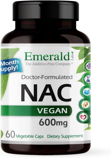 [BRSRMHACOIIREYL2] EMERALD LABS NAC 600mg - N-Acetyl-L-Cysteine - Vegan Amino Acid gehigarria Detoxifikazioa onartzen duena - 60 kapsula begetal (60 eguneko hornidura)
