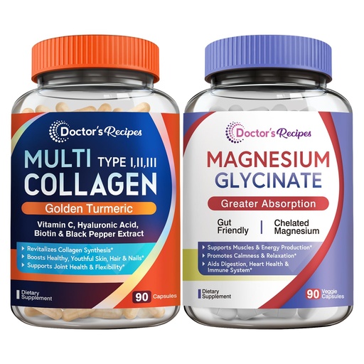 [BRSROGD5DENBYAIY] Doctor's Recipes Multi Collagen Complex & Magnesium Glycinate Bundle, Whole Body Rejuvenation, Relax & Relief, Collagen Capsules 90 ct & Magnesium Capsules 90 ct