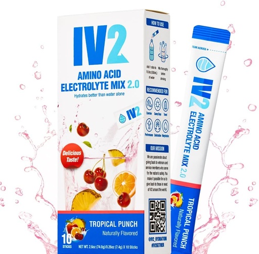 [BRSRMGDYA56AY2T6] IV2-Zero Sugar Amino Acid Hydration Powder I Electrolyte Drink Mix I Essential Vitamins I Vegan, Non-GMO, Glunten-Free I Next Level Hydration (10 Count)