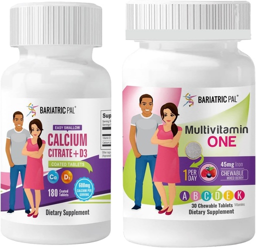 [BRSRMHD7C4AQA23U] BariatricPal 30-Day Vitamina Bundle multivitamínico 1 por día! Chewable con 45mg de ferro - Mixed Berry e Easy Swallow Calcium Citrato (600mg) e D3 Tablets revestidos.