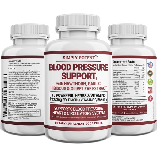 [BRSWGBLROF6Q2C3F] Blood Pressure Support Supplements - Healthy Heart, Cholesterol, Cardio, Hypertension, High BP - 13 Vitamins & Herbs - Folic Acid, Vitamins C B6 & B12, Hawthorn Olive Leaf Garlic Hibiscus, 90 Capsule