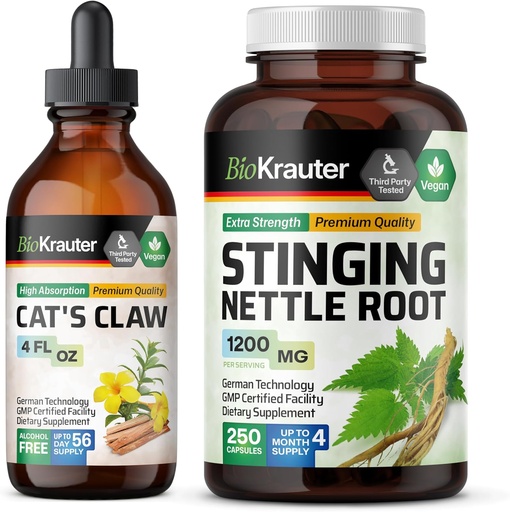 [BRSRAGQTDN6AG337] BIO KRAUTER Cats Claw Tincture 4 Fl. Oz. & Stinging Nettle 250 капсул
