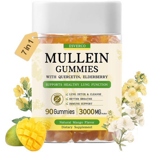 [BRSRAGIHC4MQIEL7] Mullein Gummies with 3000mg Mullein Leaf Extract, 7 in 1 for Lung Cleanse, Respiratory Lung Health, Immune Booster, Elderberry, Quercetin, Bromelain, No Sugar, for Adults, Vegan, 90 Count