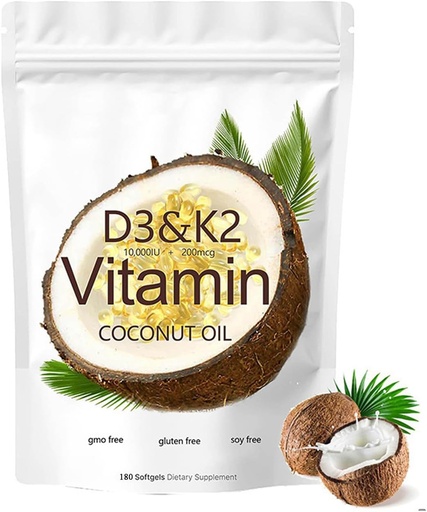 [BRSRAEABO4HWAALZ] 2-in-1 Vitamin D3 K2 Supplement Softgel, 10000 IU VIT D3 + 200 MCG Vitamin K2 (180 Pcs)