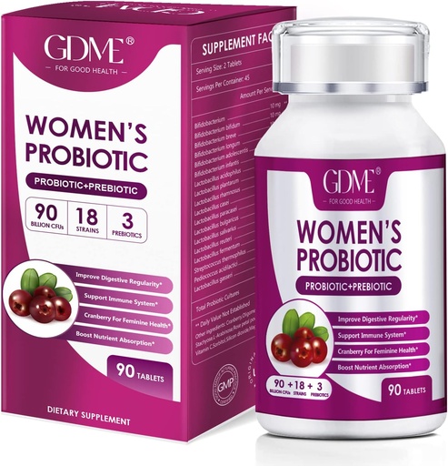 [BRSW2BIQB55QIYI3] GDME Women's Probiotics, 90 Tablets 90 Billion CFU 18 Strains, Contains Organic Prebiotic Cranberry,Probiotic Supplement for Digestion, Immunity, Women's Health, Soy Gluten Dairy Free