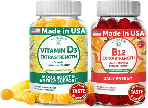 [BRSRMGQTCEDWKD3P] Lunakai Witamina D3 i Witamina B12 Gummies Bundle - Odporność, kości i nastrojów Wsparcie VIT D3 2000IU Suplement - 3000mcg Methylcobalamin Wysoka energia absorpcyjna Gummy - 30 Days Supply