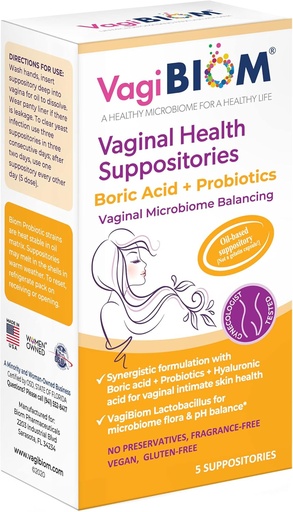 [BRSW2FI6AEFQIYI6] VagiBiom Boric Acid Suppositories with Lactobacillus: Microbiome Flora Balance; Balance y Nourishes Healthy Flora; Paraben-Free Preservative-Free (5count)