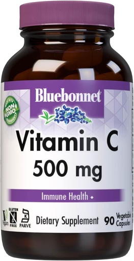 [BRSWIYT3PMDBEHDO] Blåbonnet ernæringsvitamin C 500 mg Grønnsaker Kapsler, Askorbinsyre, for immun helse og hud helse, Vegan, Vegetarisk, Ikke GMO, Glutenfri, Soya Gratis, Melkfri, Kosher, 90 Grønnsaker Kapsler