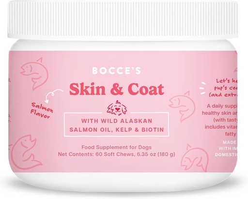 [BRSRMYYBOUCGYHLG] Bocce's Bakery Skin & Coat Supplement for Dogs, Daily Chews Made in The USA with Vitamin E & Essential Fatty Acids, Supports Healthy Skin & Coat, Salmon, 60 ct, Red (DG-SP-SKIN60)