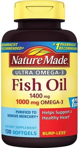 [BRSWGEANCICAG3I7] Nature Made Ultra Omega-3 Burpless Fish Oil 1400 mg Softgels w. Omega 3 1000 mg 130 Ct