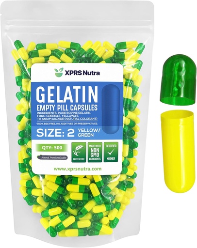 [BRSWYAQZDIPWMDQ2] XPRS Nutra Size 2 Empty Capsules - 500 Count Empty Gelatin Capsules - Pills DIY Capsule Filling - Pure Bovine Pill Gel Caps for Do-It-Yourself Supplements (Green/Yellow)