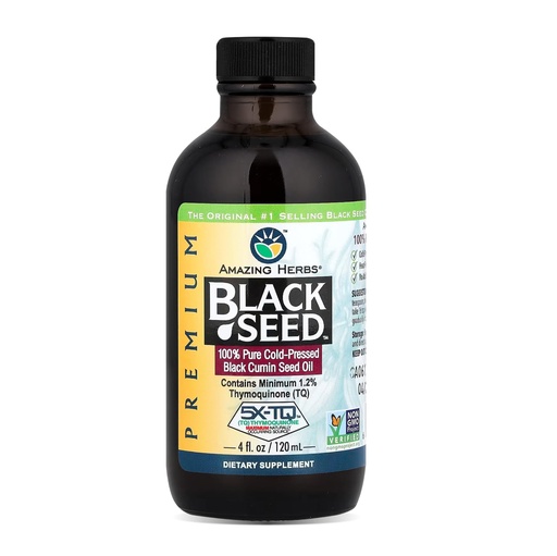 [BRSWIYTYAADRQ2IV] Amazing Herbs Premium Black Seed Oil - Cold Pressed Nigella Sativa Aids in Digestive Health, Immune Support, Brain Function, Joint Mobility, Gluten Free, Non GMO - 4 Fl Oz
