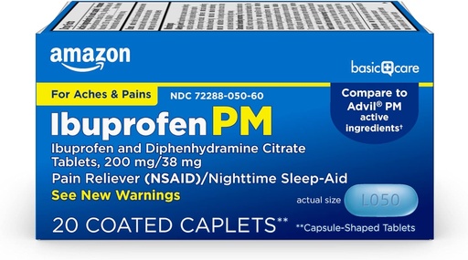 [BRSW2ZARDMMBSYA3]   Basic Care Ibuprofen PM, Ibuprofen 200 mg and Diphenhydramine Citrate 38 mg Tablets, Pain Reliever and Nighttime Sleep-Aid, 20 Count