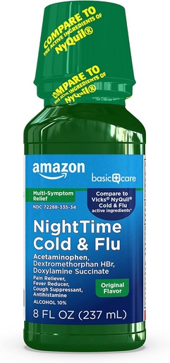 [BRSWYCAPOZ6QK2T4] Basic Care Nighttime Cold & Flu Relief, Pain Reliever, Fever Reducer, Cough Conpressant & Antihistamin Liquid, Original Flavor, 8 fl oz (Balení po 1)
