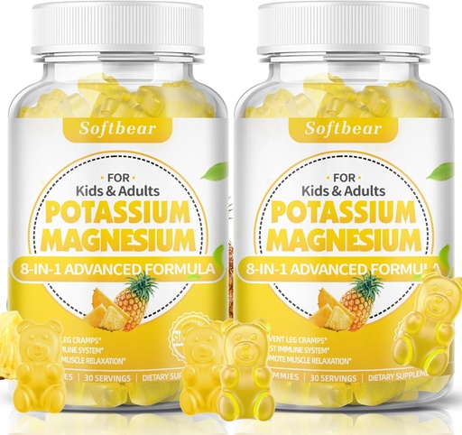 [BRSROBL4OEDWM3TV] softbear Potassium Gummies for Adults, Sugar-Free Potassium Magnesium Supplement with Vitamin B6 CoQ10 for Muscle Cramps Vegan Pineapple Flavor 120 Gummies