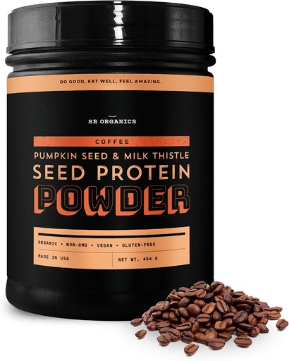 [BRSWGCDRAABQK3TB] Sun Bay Organics Pumpkin and Milk Thistle Seed Vegan Protein Powder - 1lb Canister - Coffee Plant Based Protein Powder Shake Mix - 13g Protein Blend - Soy, Dairy, Sugar, and Gluten Free