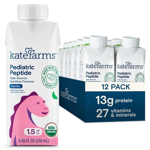 [BRSWGFQ6OEBGA3I6] KATE FARMS Organic Pediatric Peptide 1.5 Formula, Vanilla, Sole-Source Hydrolyzed Plant-Based Nutrition for Oral or Tube Feeding, 8.45 oz (12 pack)