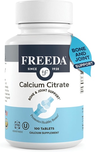 [BRSRMAA3OFYRA3T5] Freeda Citrate de calcium – supplément de force osseuse de la végane kasher – soutient la densité osseuse et la fonction musculaire – Calcium 1000mg par portion – Pas de vitamine D – (100 comprimés)