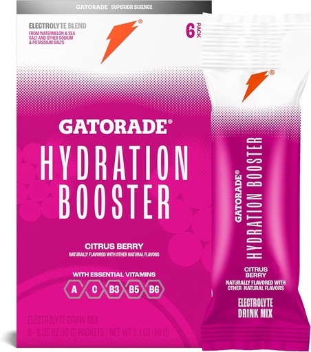 [BRSRA2Q6CF5GOE32] Gatorade Hydration Booster Electrolyte Drink Mix Powder Pacets, Citrus Berry, Advanced Electrolyte Blend, Ingen tilsat farver, Ingen kunstige sødestoffer, Essential Vitaminer A, C, B3, B5, B6, gør 20 Fl Oz, (6 Pack)