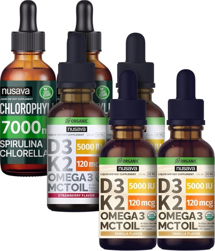 [BRSROHT7OABQE3YV] NUSAVA Strawberry Flavored D3 K2 Drops, Vanilla Flavored D3 K2 Drops, & Chlorophyll Liquid Drops Bundle - Potent Liquid Vitamins for Heart, Joint, Energy, & Immune Support - Non-GMO, Gluten-Free, 2pk