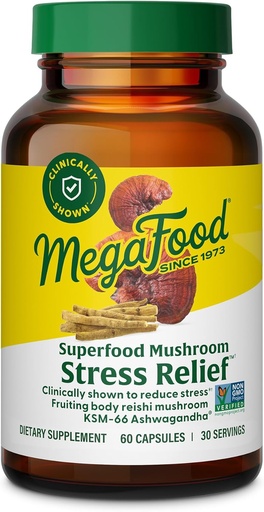 [BRSRAZINPN5GOHLV] MegaFood Superfood Mushroom Stress Relief - Reishi Mushroom Supplement Clinically Studied to Reduce Stress - Doctor Formulado con Ashwagandha KSM 66 - Vegan, Gluten-Free - 60 cápsulas, 30 servicios
