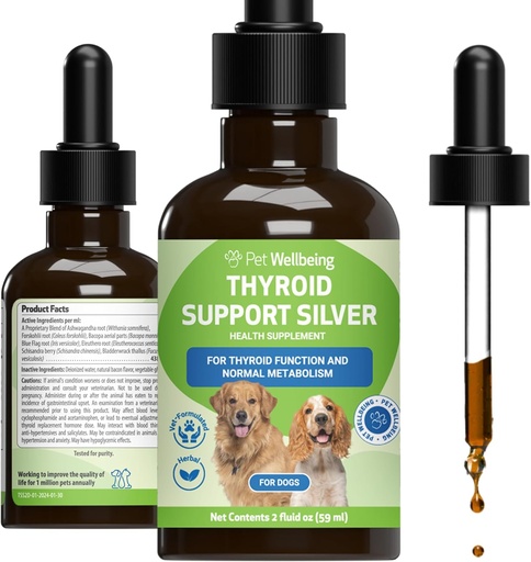 [BRSWIEAKCIMAMCA7] Pet Wellbeing Thyroid Support Silver för hundar - Stöder balanserad sköldkörtelfunktion, hälsosam metabolism, normal energi, Ashwagandha, Bacopa - Veterinär-Formulerad Herbal Supplement 2 oz (59 ml)