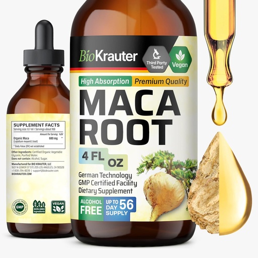[BRSROGABDICR4HI2] BIO KRAUTTER Maca Picături lichide rădăcină - Maca extract de tinctură - Vegan, zahăr și alcool Extract gratuit 4 Fl.Oz.