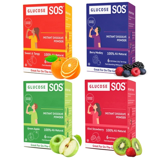 [BRSRMCYTPIJQ2CI2] Glucose SOS Glucose Packets with Natural Dextrose, Fast-Absorption That Instantly Dissolves in Your Mouth with No Water Needed, 4 Flavor Variety 24 Servings