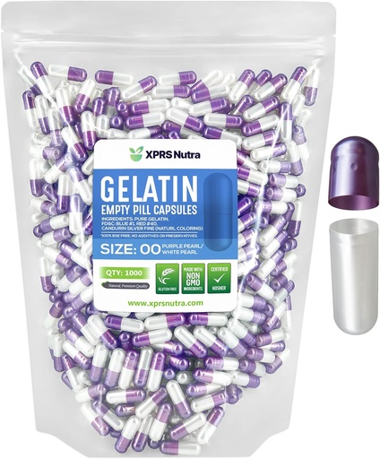 [BRSWY2QNOYCAAYAV] XPRS Nutra Size 00 Empty Capsules - 1000 Count Empty Gelatin Capsules - Pills DIY Capsule Filling - Fillable Pill Gel Caps for DIY Supplements (Pearl Purple/White)